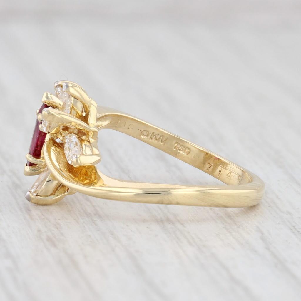 Marquise Cut Kurt Wayne 1.15ctw Marquise Ruby Diamond Cluster Ring 18k Yellow Gold Size 6.5 For Sale