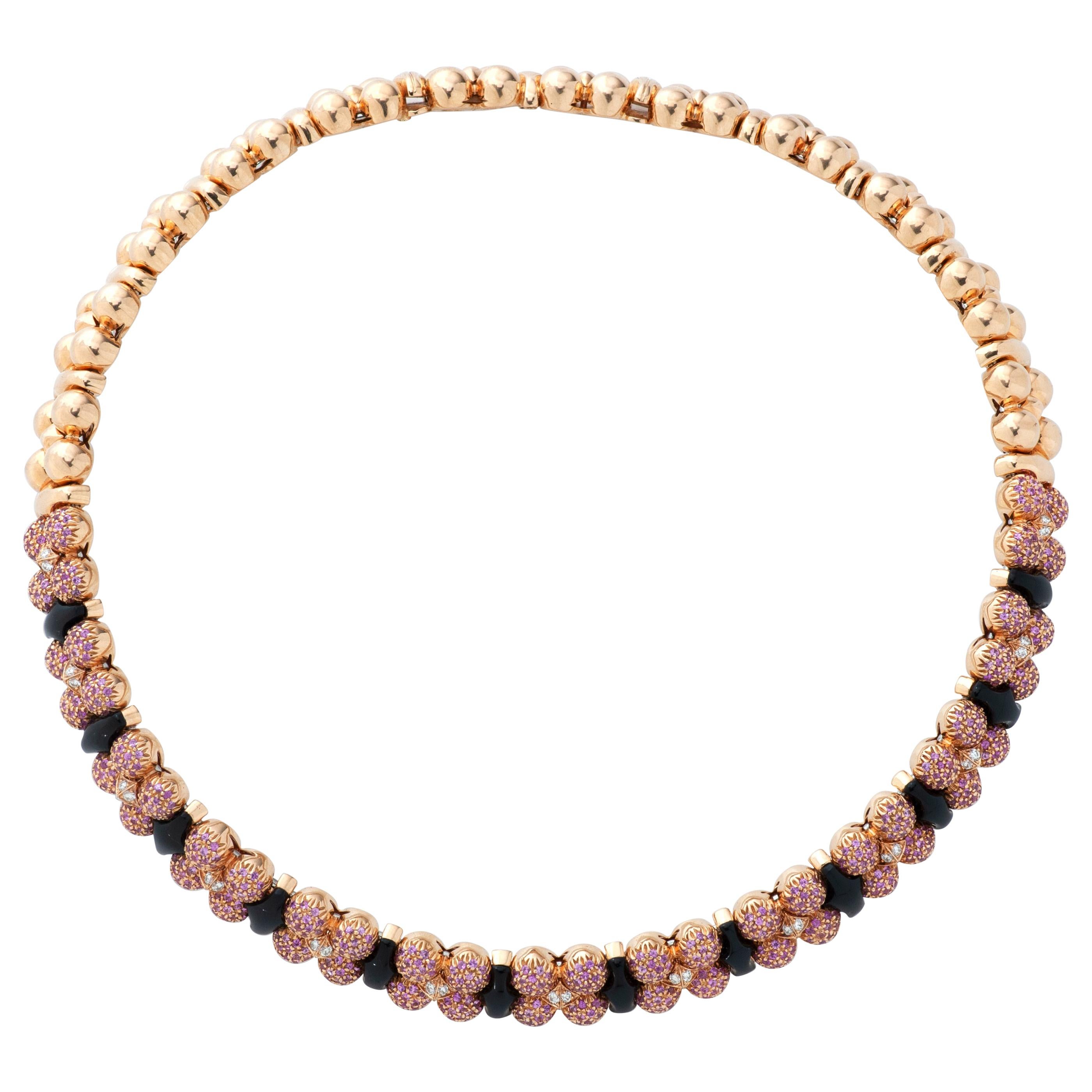 Kurt Wayne 18 Karat Gold, Pink Sapphire, Diamond and Onyx Choker/Collar Necklace