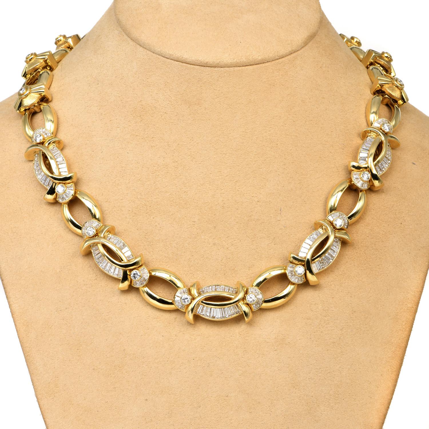 This high polish oversized Kurt Wayne diamond necklace is Crafted in solid hefty 18K yellow gold with a polished finish, with a crossover fancy link design.

links adorned by (21) round-cut, bezel-set, genuine diamonds, and 160 Baguette-cut,