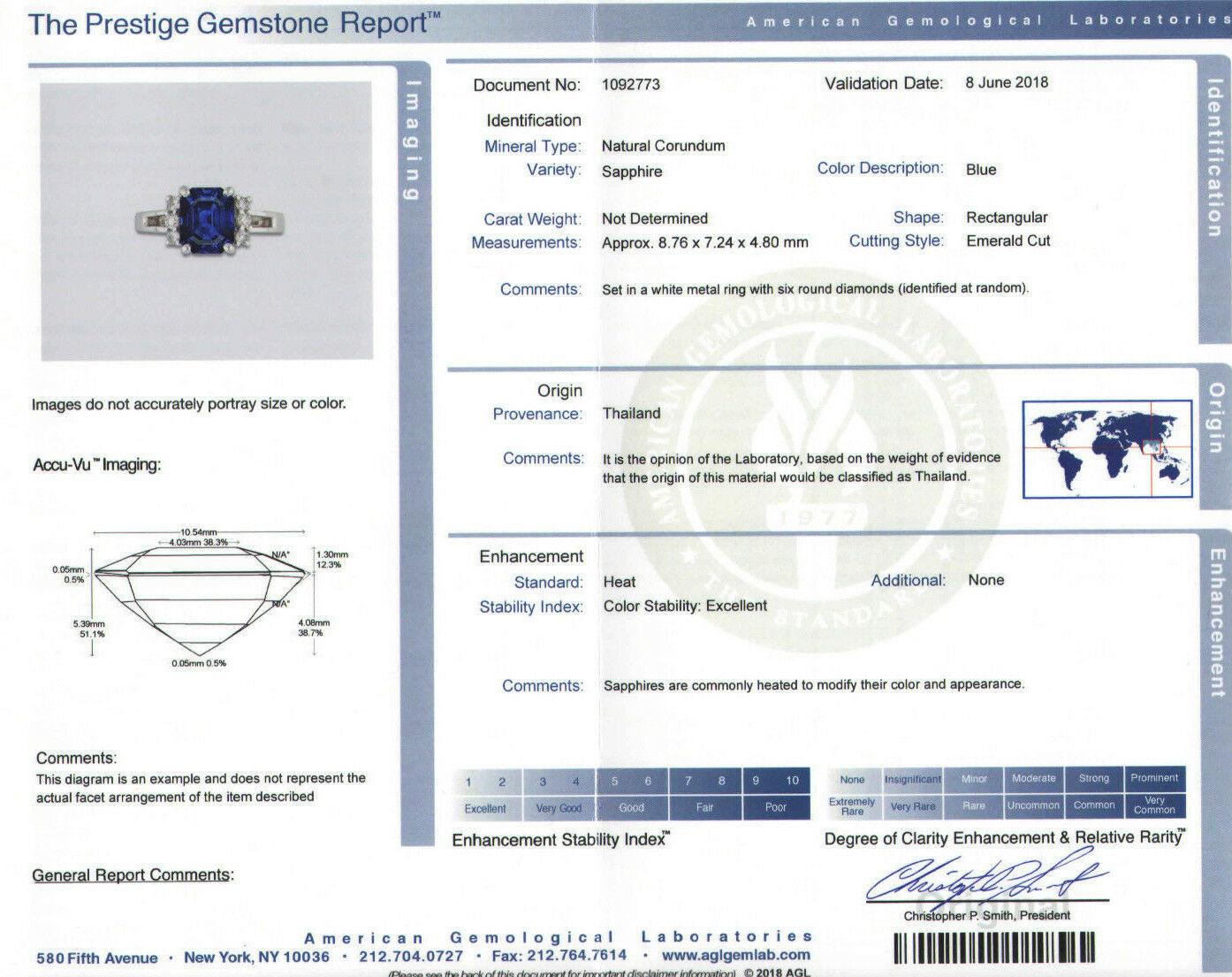 Kurt Wayne 18k Gold 3.12ct AGL Emerald Cut Blue Sapphire & Round Diamond Ring For Sale 5