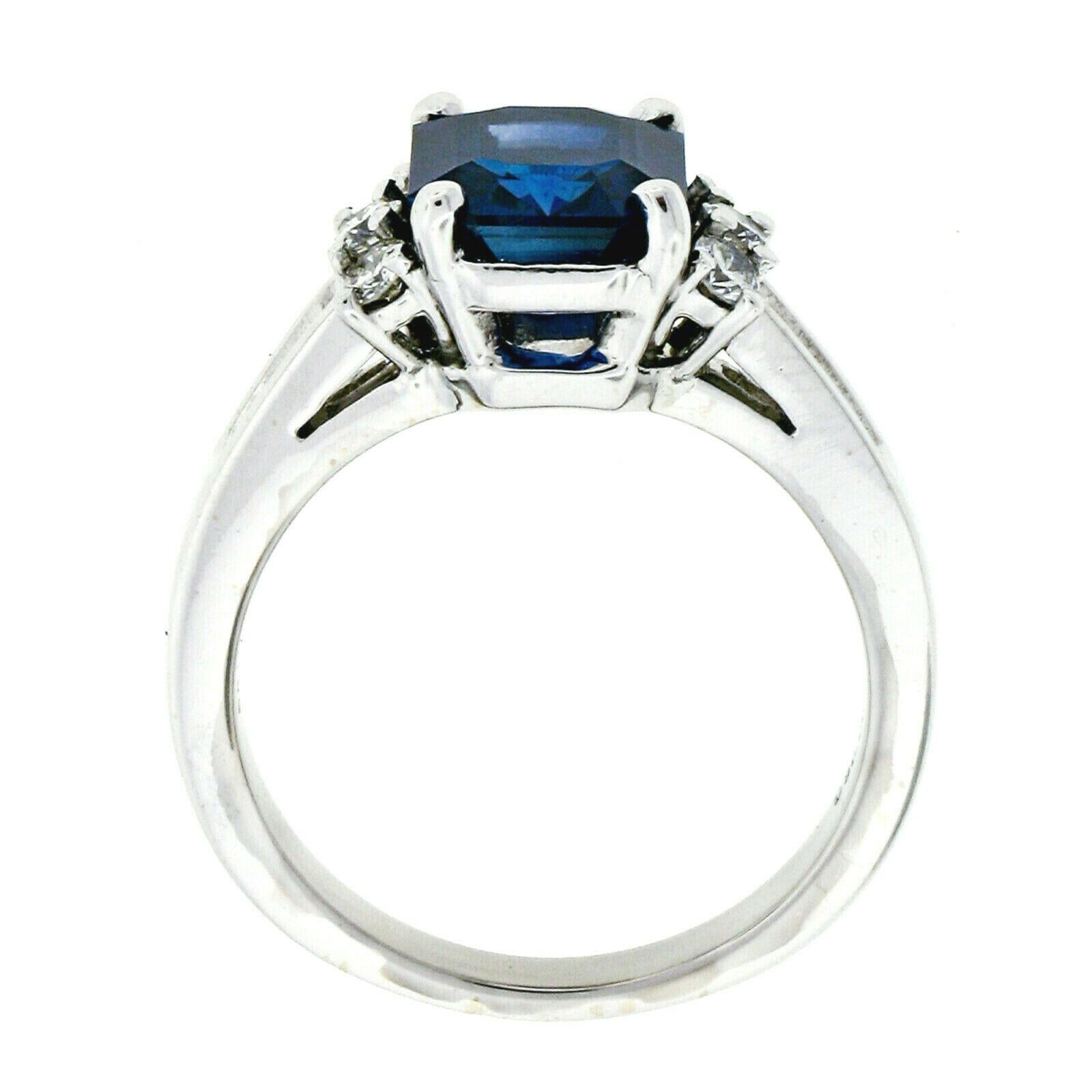 Women's Kurt Wayne 18k Gold 3.12ct AGL Emerald Cut Blue Sapphire & Round Diamond Ring For Sale