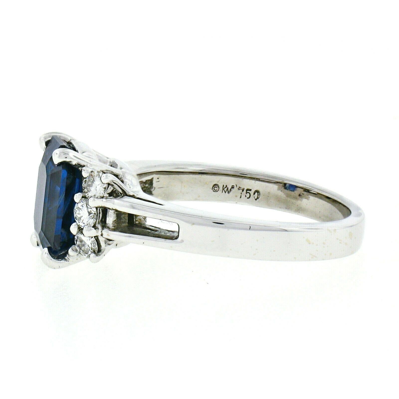 Kurt Wayne 18k Gold 3.12ct AGL Emerald Cut Blue Sapphire & Round Diamond Ring For Sale 3