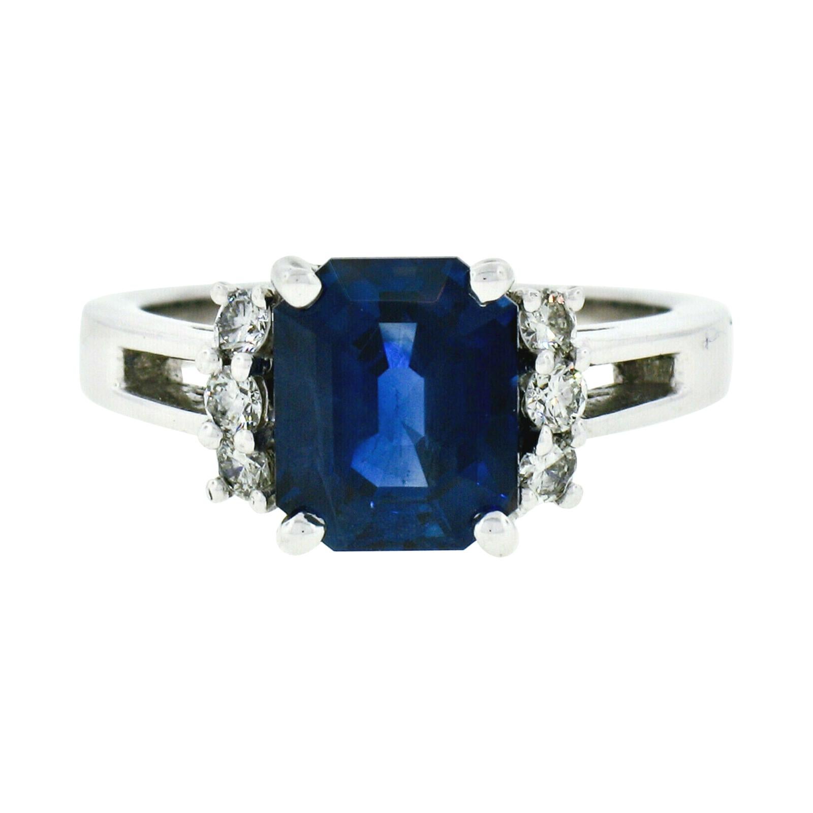 Kurt Wayne 18k Gold 3.12ct AGL Emerald Cut Blue Sapphire & Round Diamond Ring For Sale