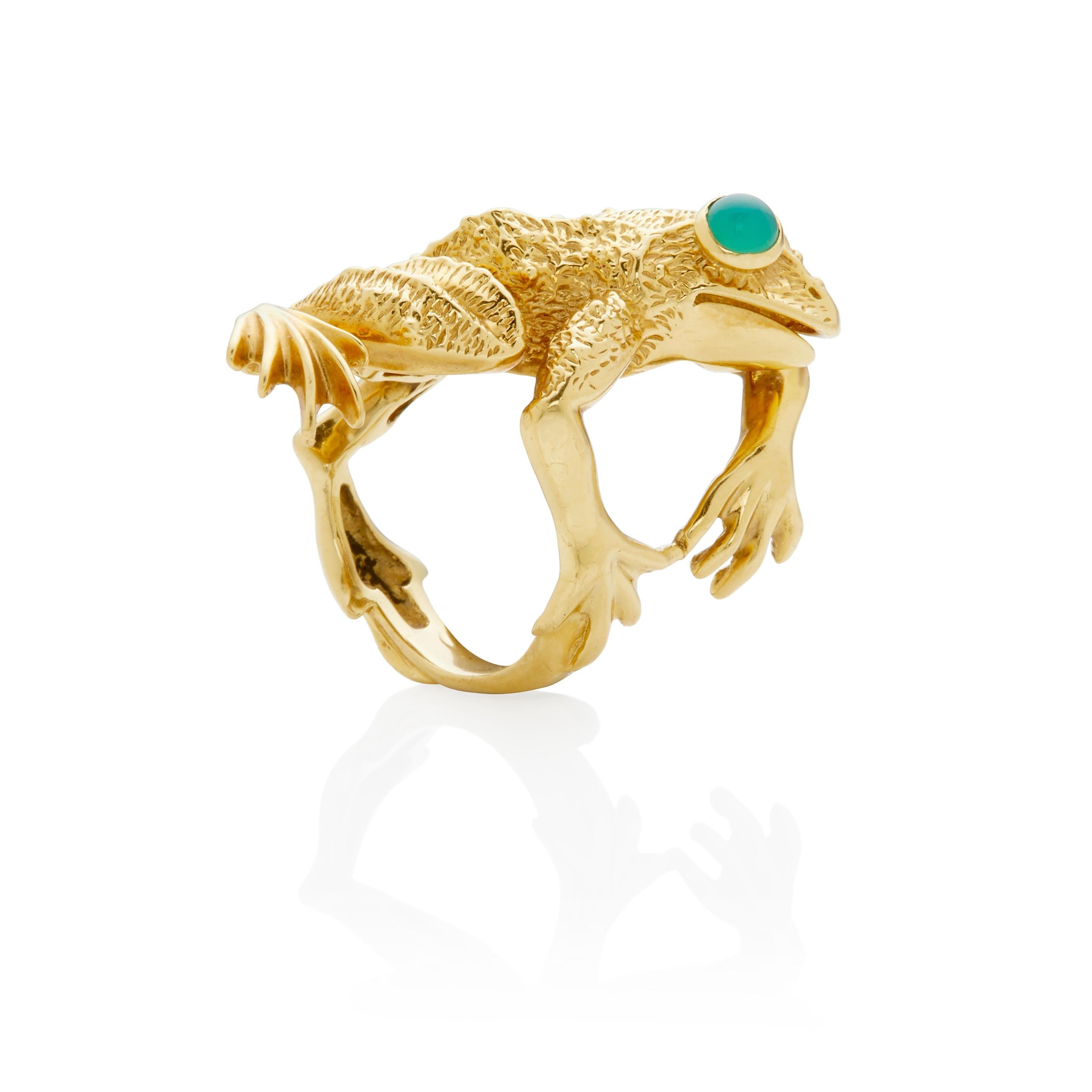 Kurt Wayne 18k Yellow Gold Frog Ring with Chrysoprase Cabochons, Size 7 For Sale 1