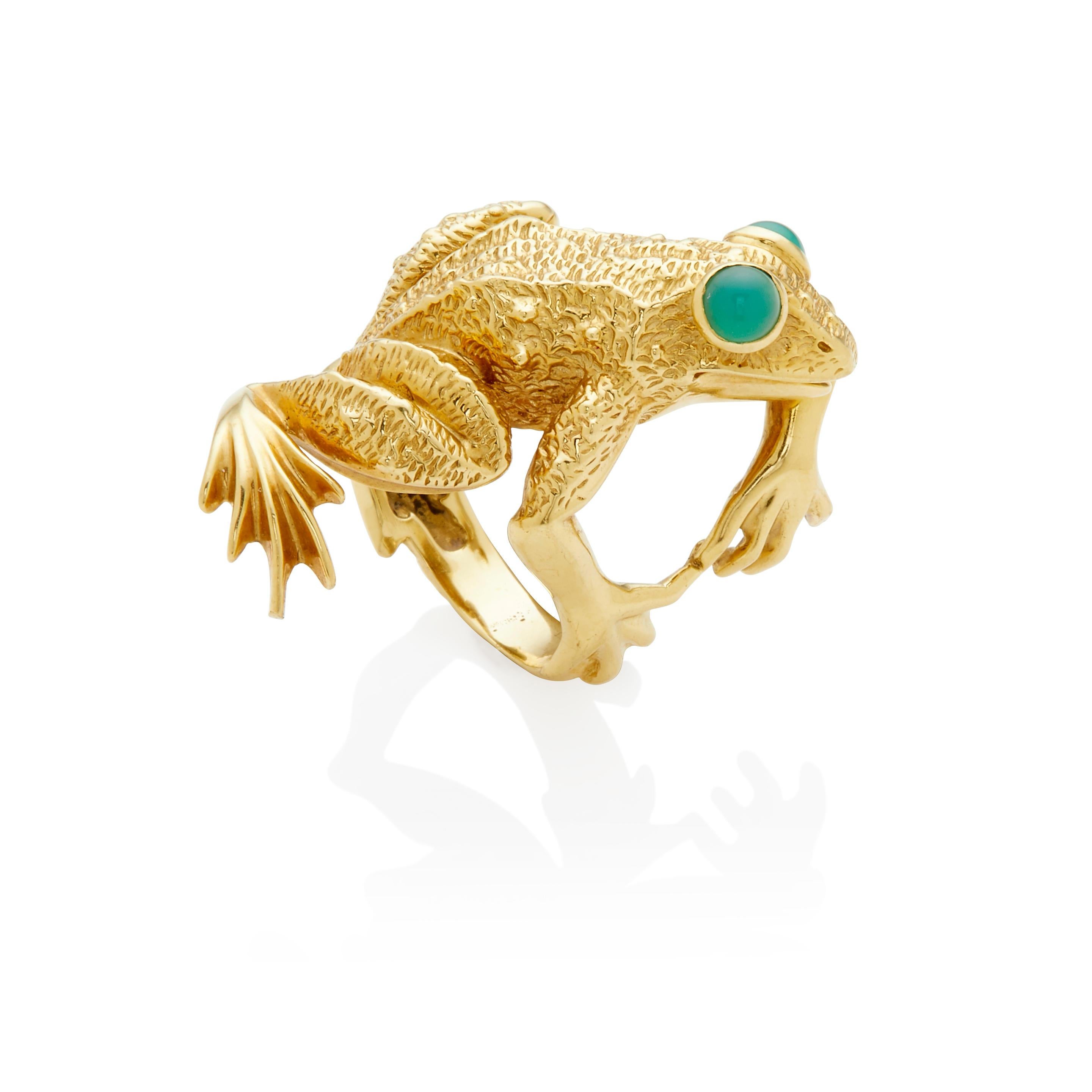 Kurt Wayne 18k Yellow Gold Frog Ring with Chrysoprase Cabochons, Size 7 For Sale 2