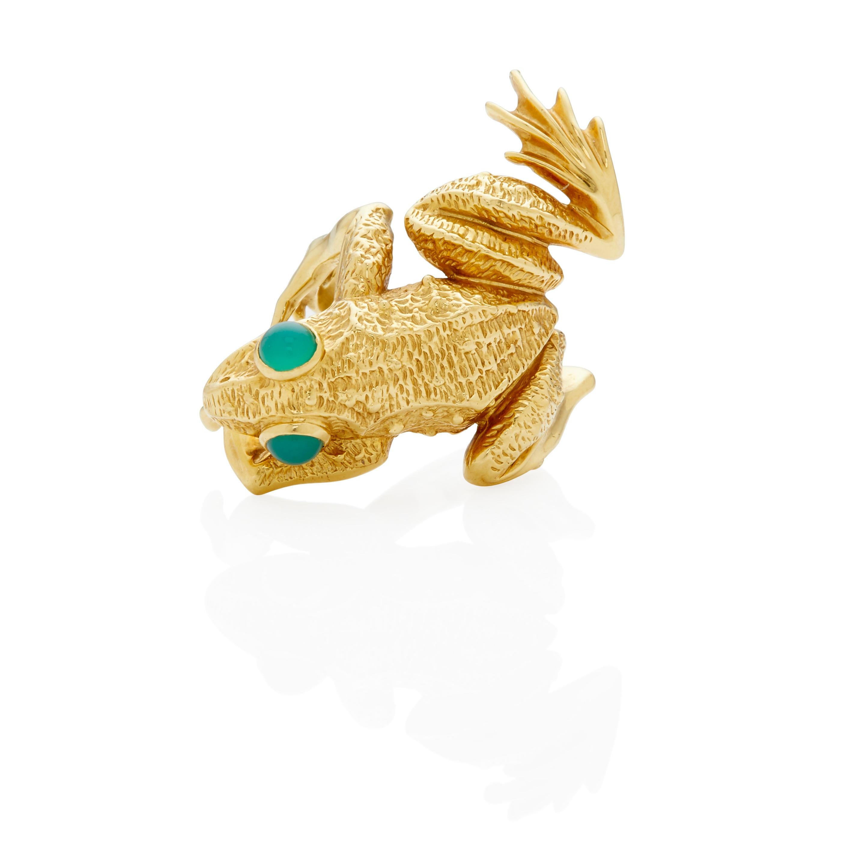 Kurt Wayne 18k Yellow Gold Frog Ring with Chrysoprase Cabochons, Size 7 For Sale 3