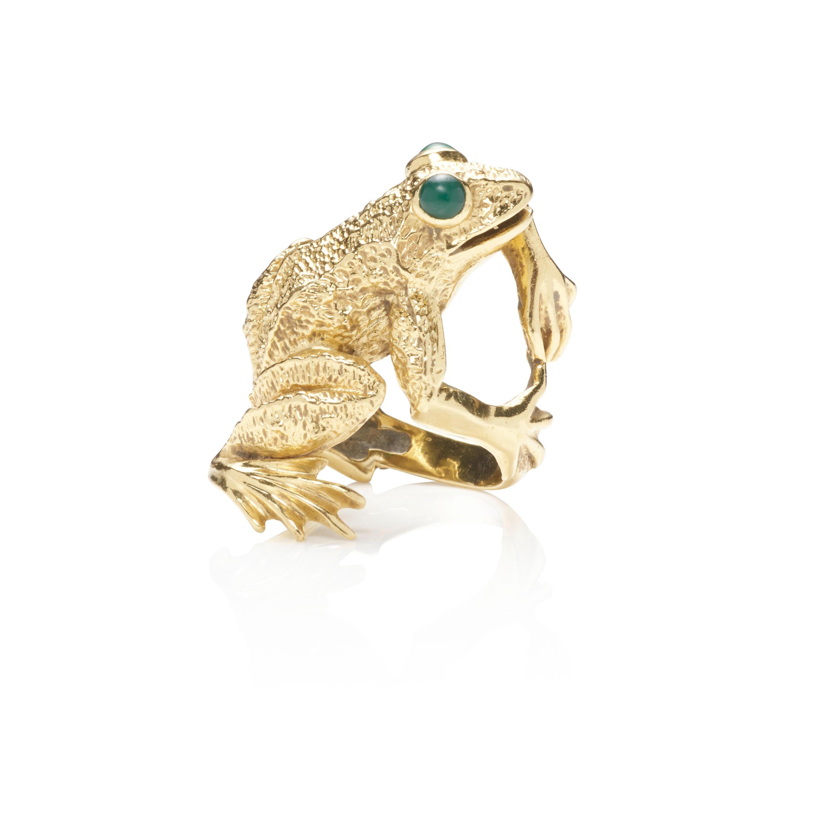 Kurt Wayne Frosch-Ring aus 18 Karat Gelbgold mit grünen Edelsteinaugen Gr. 7,25

Wunderschöner Frosch-Ring von Kurt Wayne
Merkmale Frosch-Design mit grünen Edelstein-Augen
Größe 7.25
Gesamtmasse = 19.7 Gramm
Das Stück ist in gutem Zustand. Zeigt nur