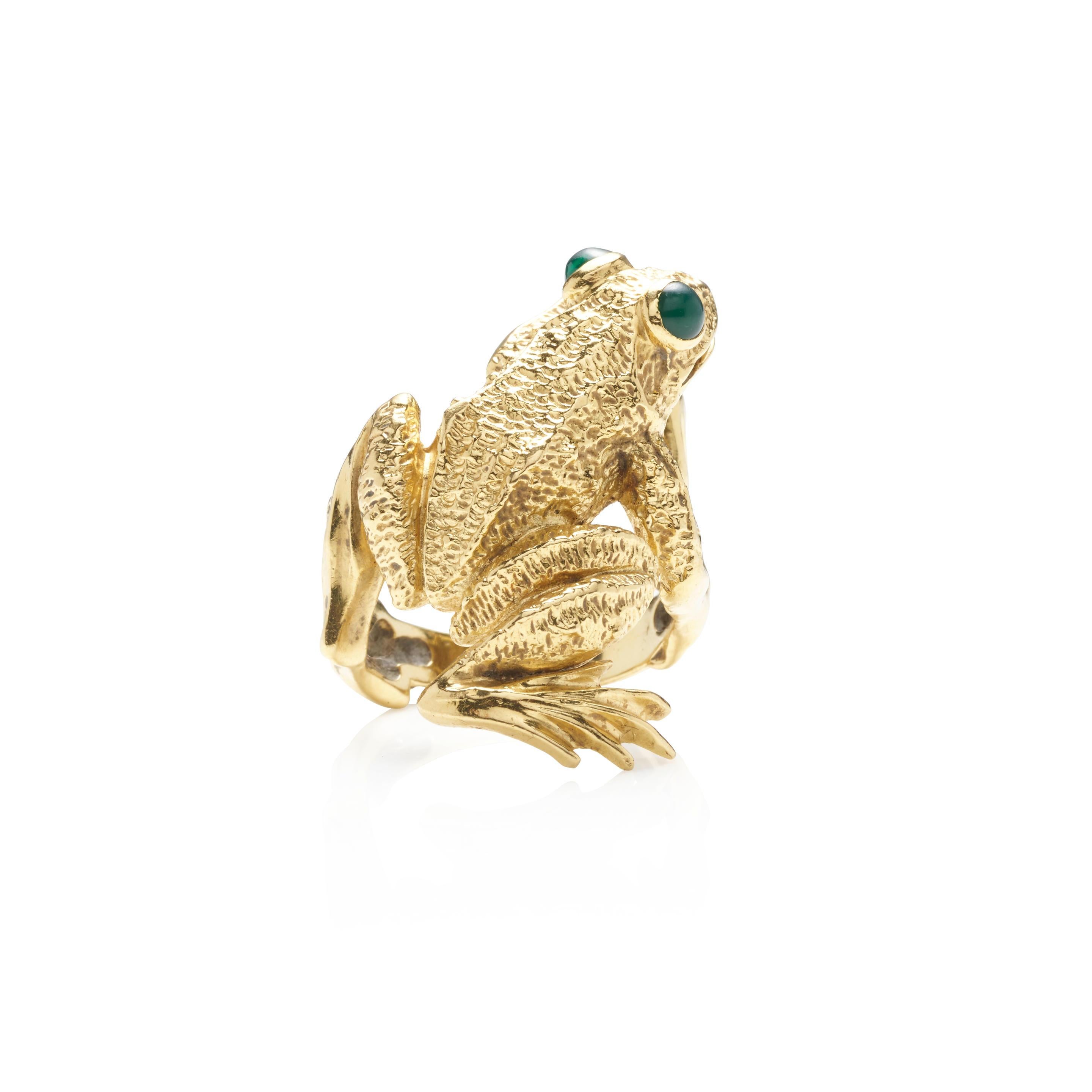 Kurt Wayne Frosch-Ring aus 18 Karat Gelbgold mit grünen Edelsteinaugen Gr. 7,25 (Moderne) im Angebot