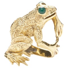 Kurt Wayne 18k Yellow Gold Frog Ring with Green Gem Eyes Sz 7.25