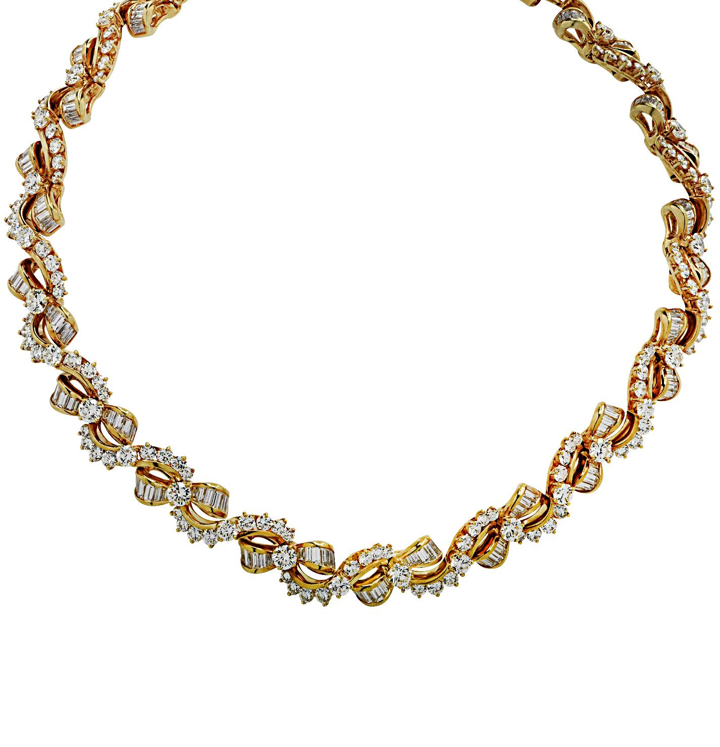 Spectacular Kurt Wayne necklace and bracelet set crafted in 18 karat yellow gold, featuring round brilliant and baguette cut diamonds weighing approximately 60.08 carats total, F-G color, VS clarity. Delightful bow motifs with round brilliant cut