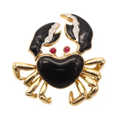 KURT WAYNE Articulated Crab Brooch In 14Kt Gold With Onyxes, Rubies & Diamonds