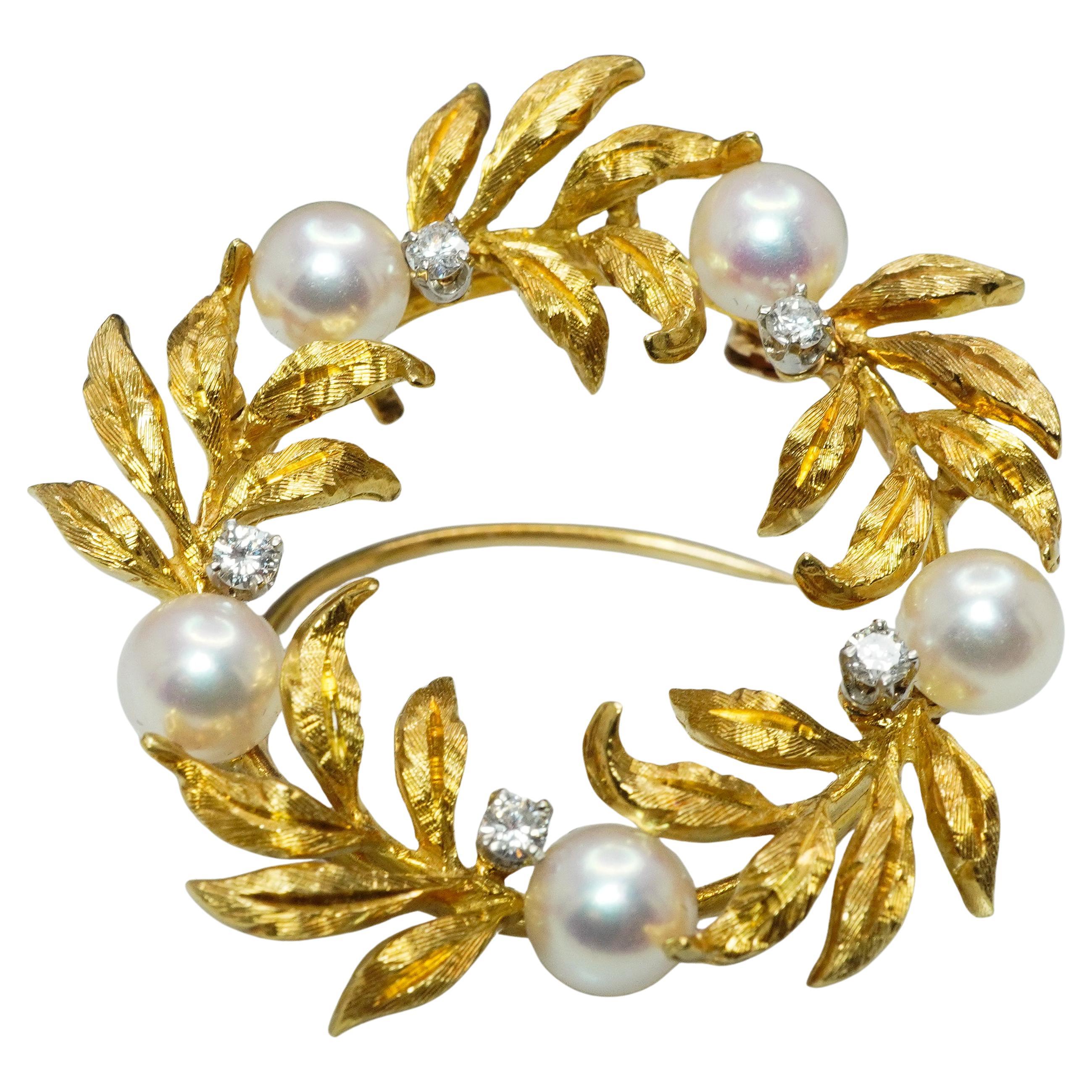 Kurt Wayne Diamante Akoya Perla Broche Oro 18K Vintage Diseñador Lg Mediados de Siglo