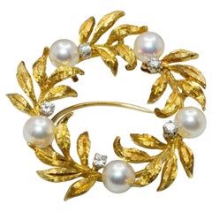 Kurt Wayne Diamond Akoya Pearl Brooch 18K Gold Vintage Designer Lg Mid-Century