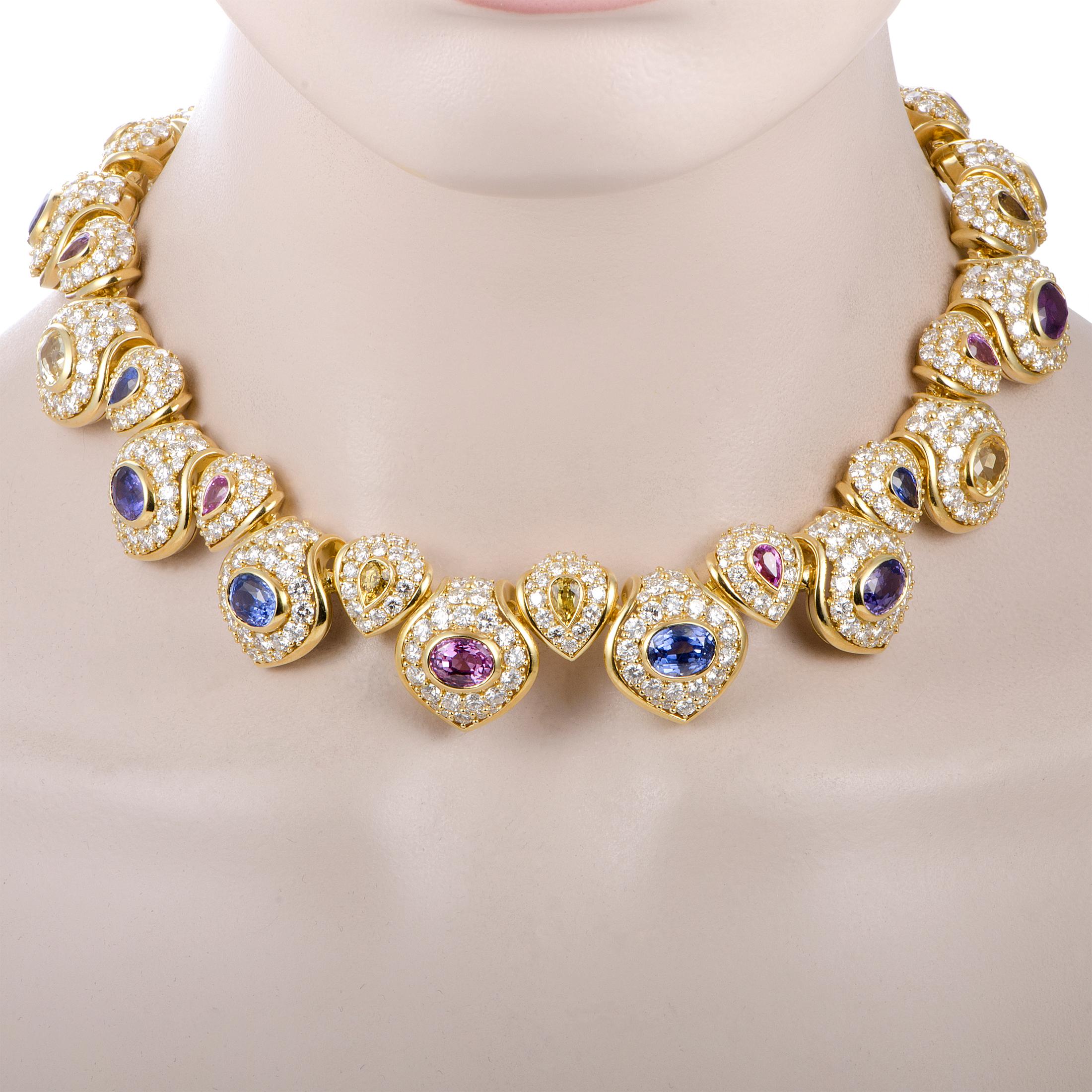 Kurt Wayne Diamond and Multicolored Sapphire Gold Earrings and Necklace Set In Excellent Condition In Southampton, PA