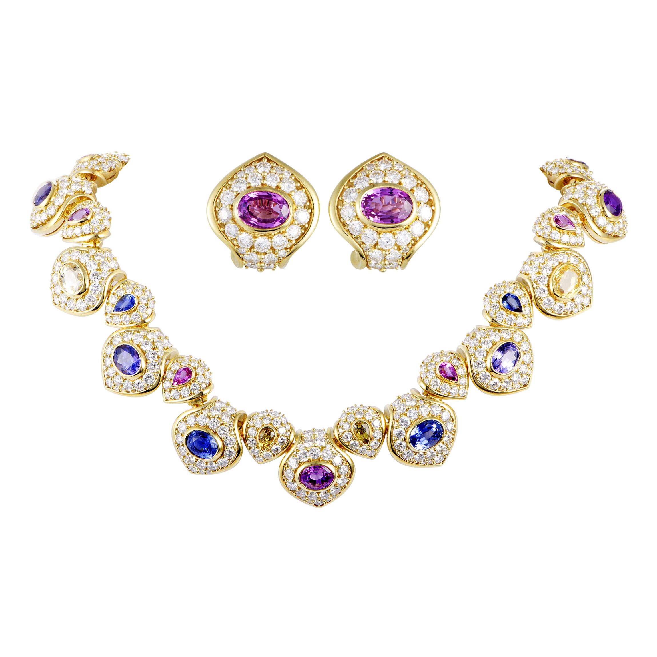 Kurt Wayne Diamond and Multicolored Sapphire Gold Earrings and Necklace Set