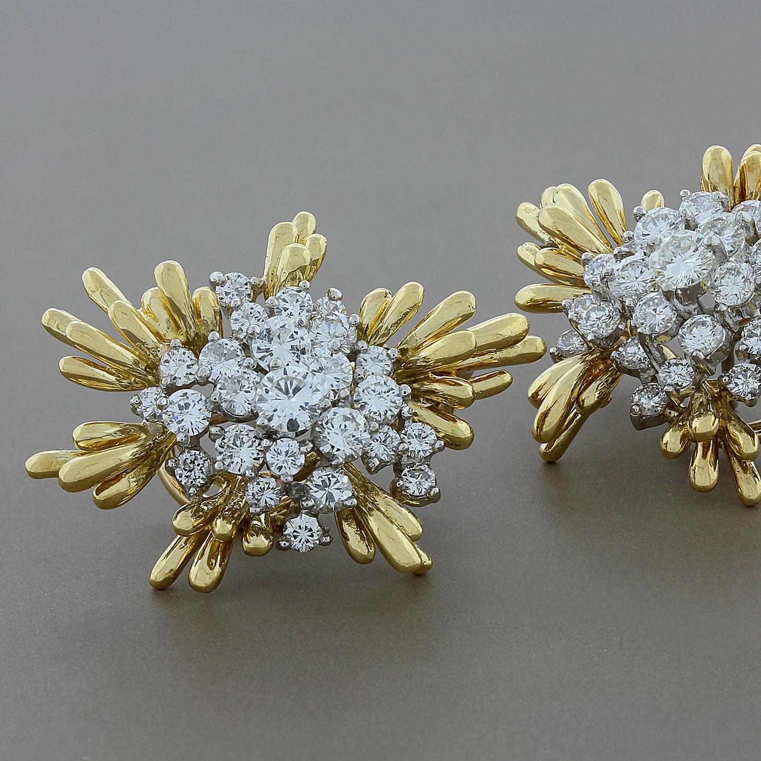 A spectacular pair of diamond gold earrings by Kurt Wayne, known for his eye-catching designs.  These earrings feature 5.00 carats of brilliant VS quality round cut diamonds.  This explosive design is made with 18K yellow gold craftmanship.  The