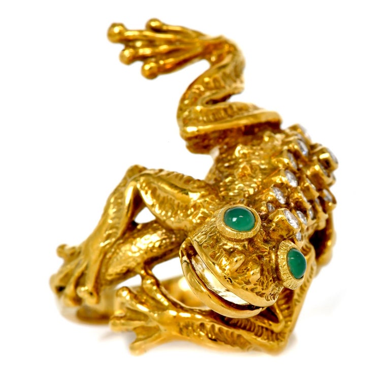 Emerald Cut Kurt Wayne Diamond Emerald 18K Yellow Gold 1960s Frog Ring For Sale