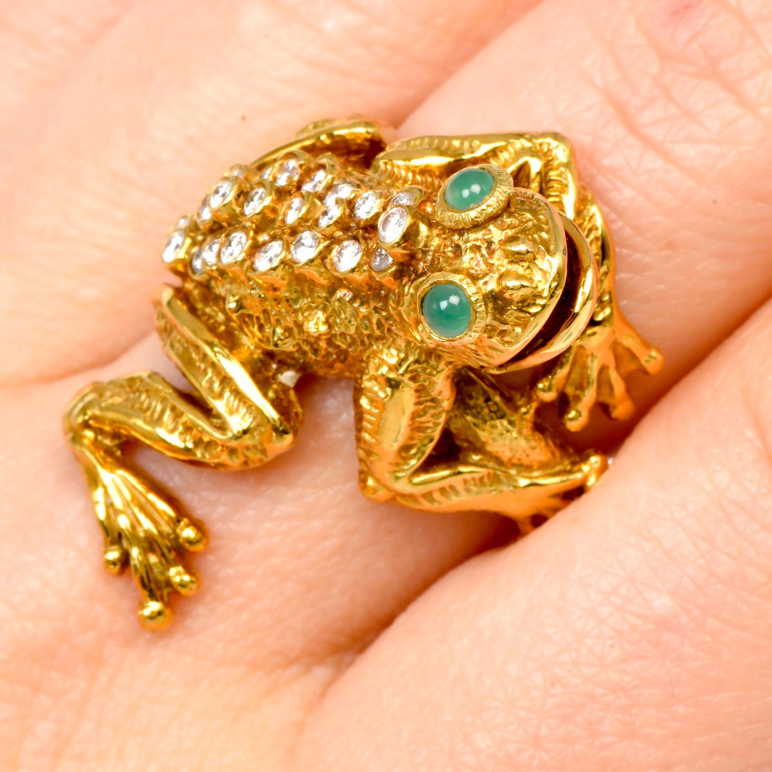 Retro Kurt Wayne Diamond Emerald 18K Yellow Gold 1960s Frog Ring