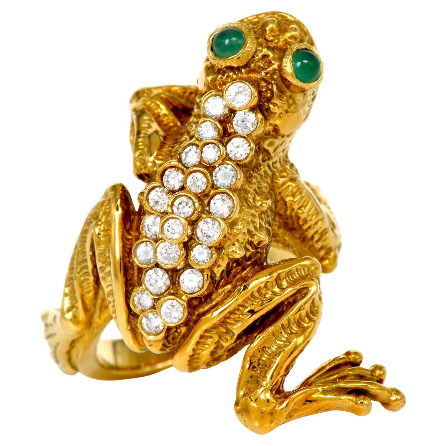 Kurt Wayne Diamond Emerald 18K Yellow Gold 1960s Frog Ring