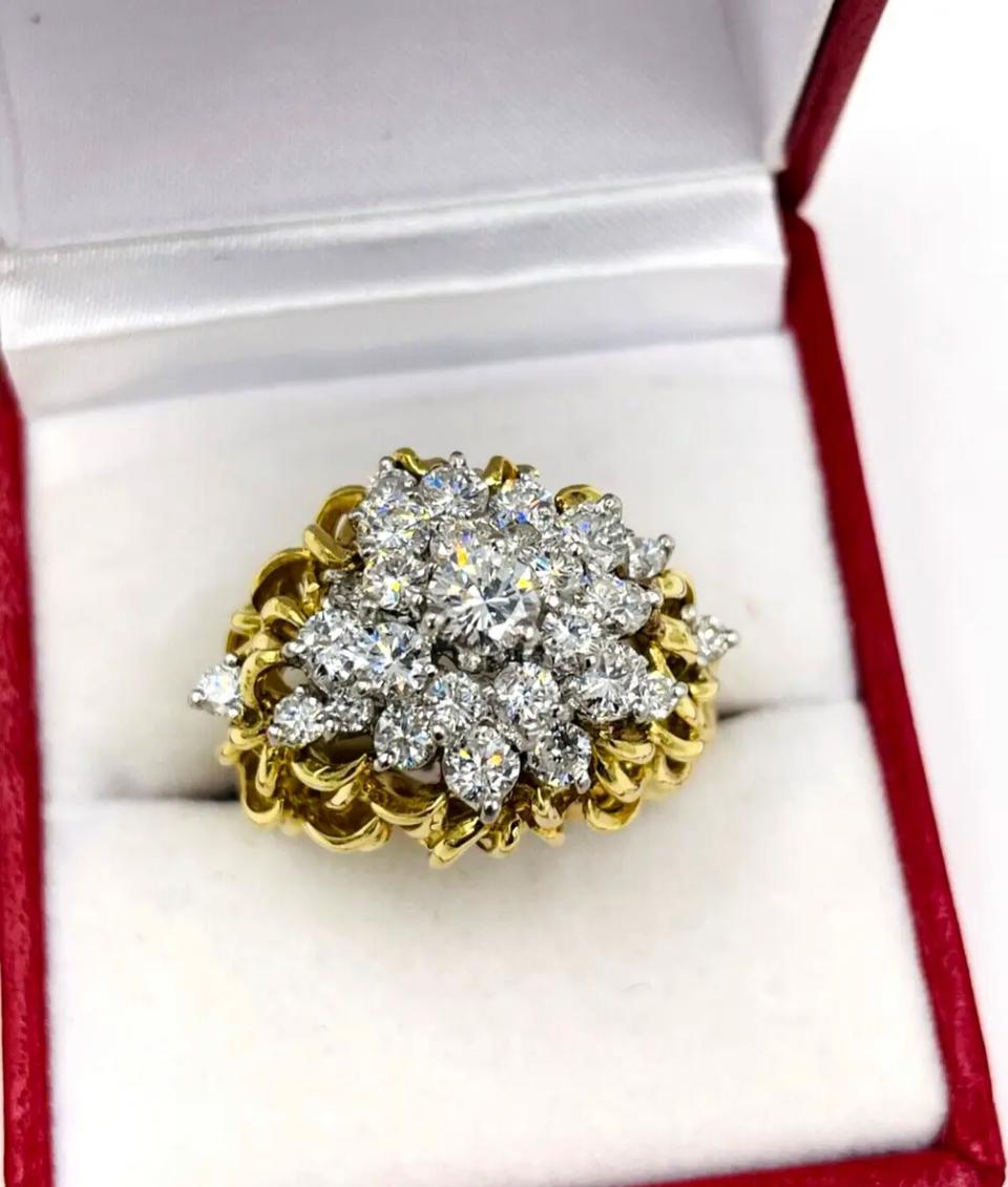 Kurt Wayne diamond cluster yellow gold cocktail ring, 1970s.

ABOUT THIS ITEM:  This Kurt Wayne Diamond Cluster Yellow Gold Ring is a stunning piece of jewelry that is sure to turn heads and make a statement. With its intricate design and dazzling