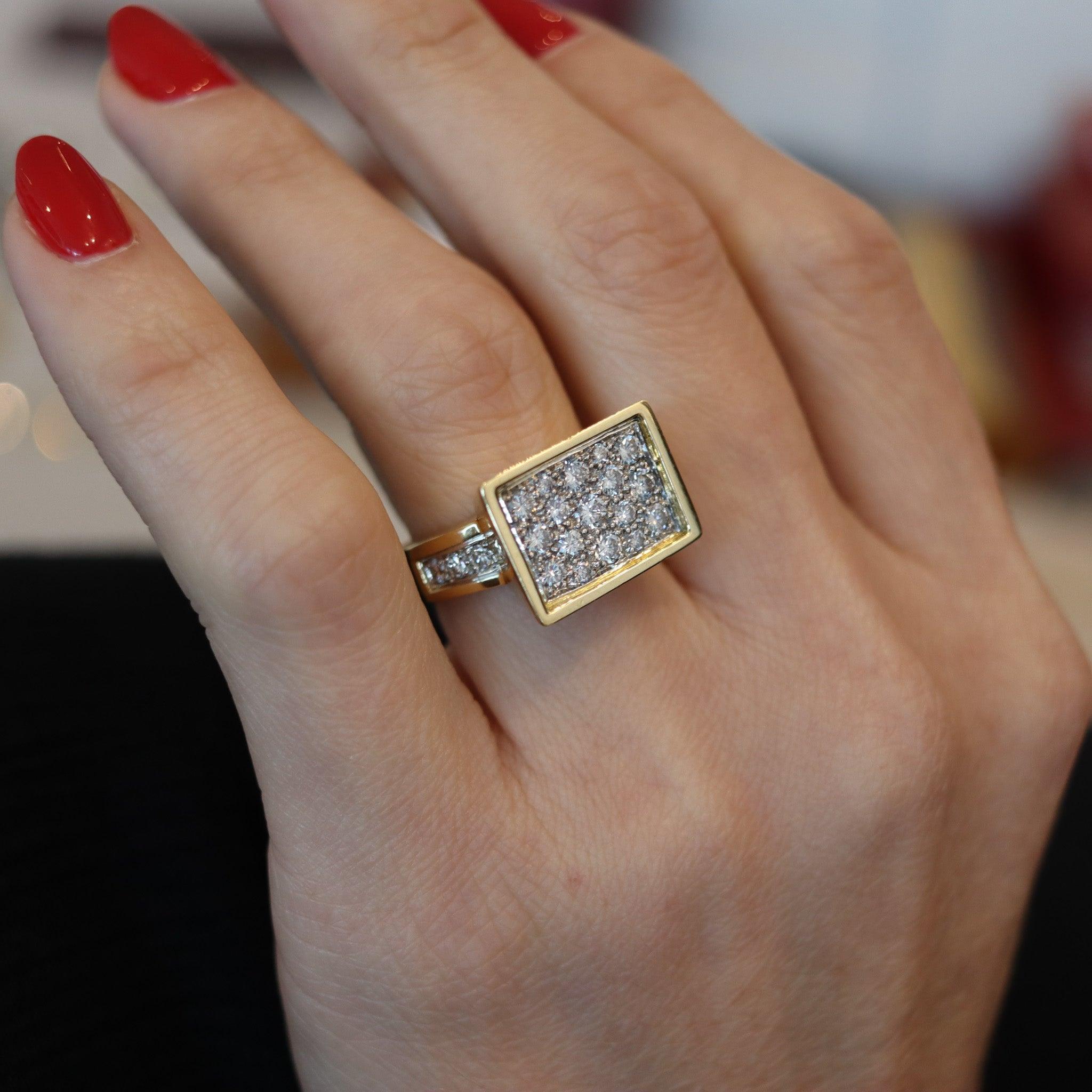 Geometric cocktail ring designed by Kurt Wayne (1909-1990).

This very bold and unusual cocktail ring was created by the jeweler Kurt Wayne back in the late 1970's. The ring has been crafted as a geometric concretism sculpture with sharp edges and