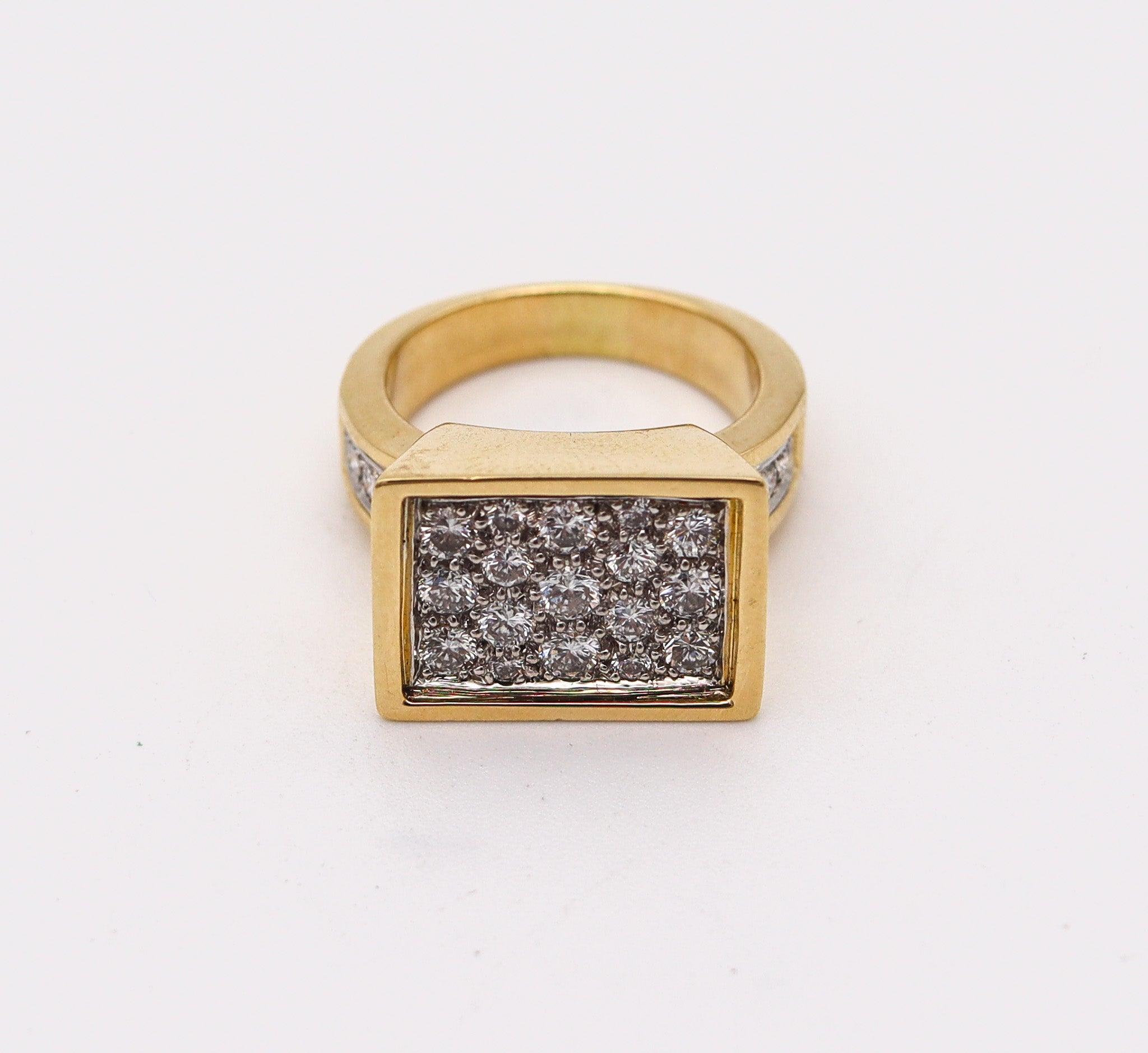 Modernist KURT WAYNE Geometric Cocktail Ring In 18Kt Yellow Gold With 1.71 Ctw Diamonds For Sale