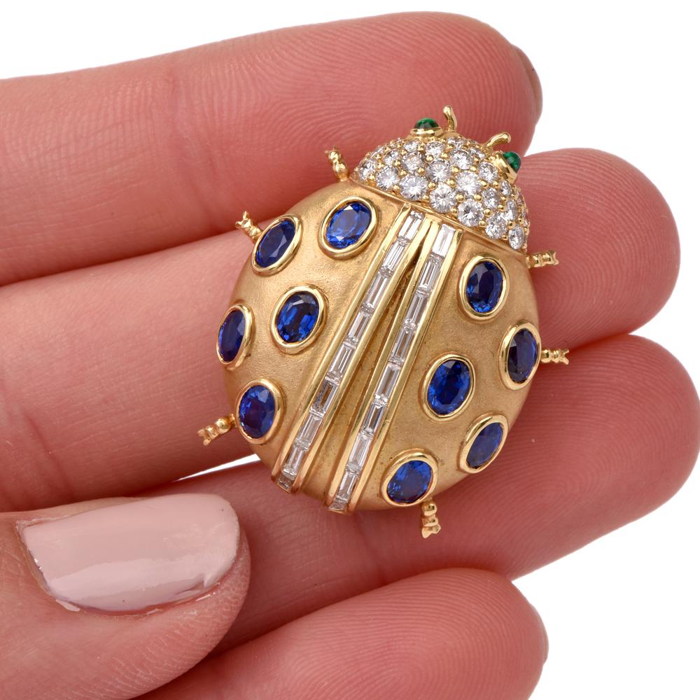 Oval Cut Kurt Wayne Lady Bug Sapphire Diamond Emerald 18 Karat Gold Pin Brooch