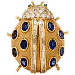Kurt Wayne Lady Bug Sapphire Diamond Emerald 18 Karat Gold Pin Brooch