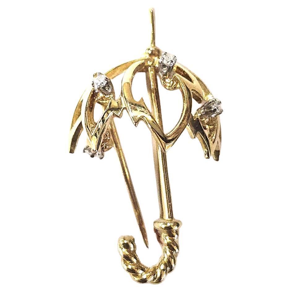 Broche parapluie Kurt Wayne en or jaune 18 carats et diamants, 1974 en vente
