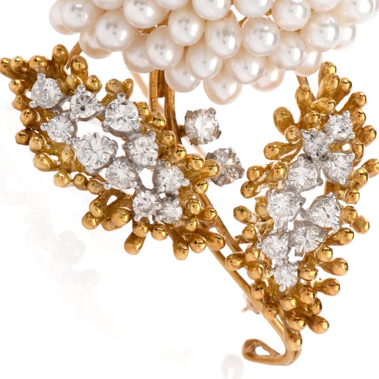 Artisan Kurt Wayne Vintage Diamond Pearl 18 Karat Flower Brooch Pin