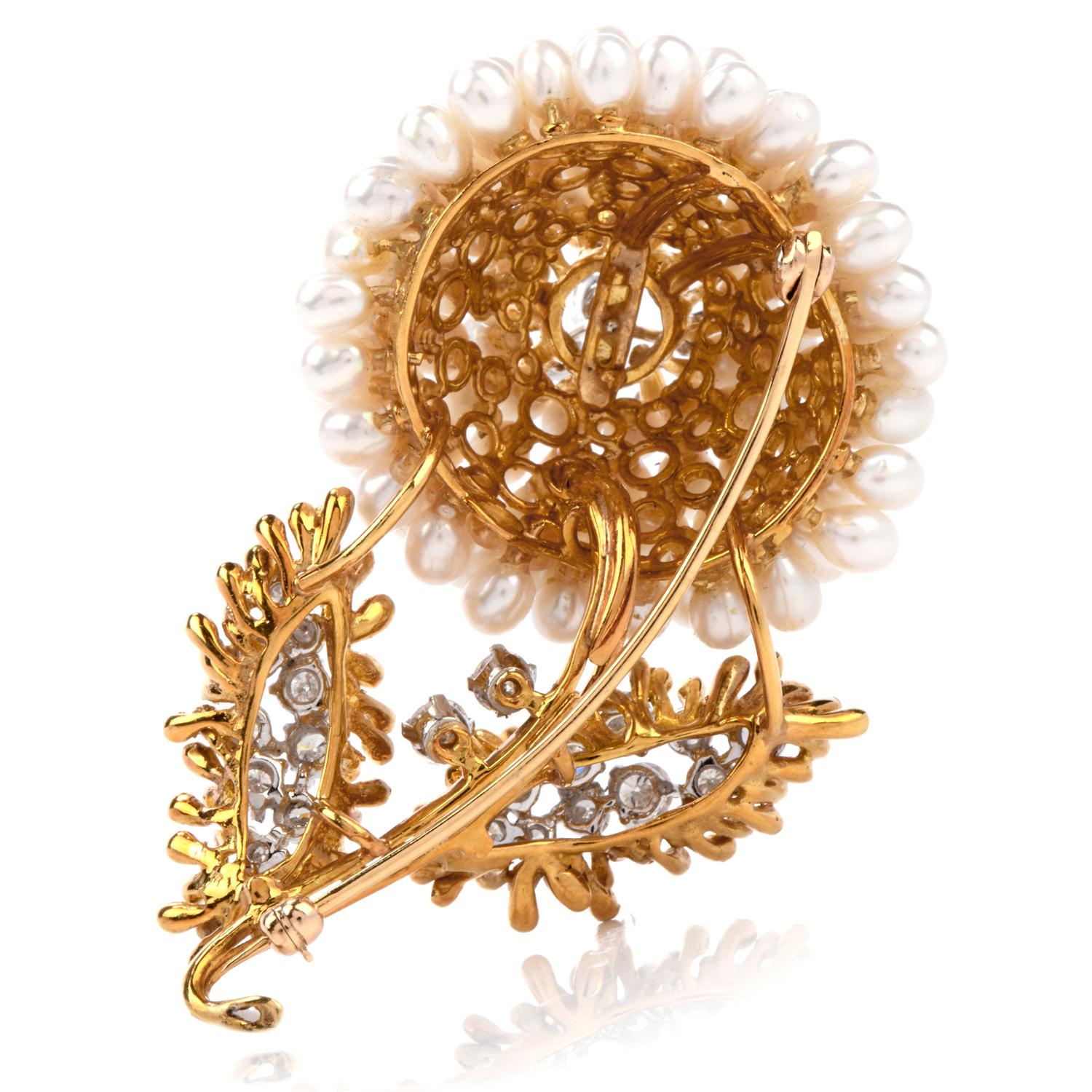 Round Cut Kurt Wayne Vintage Diamond Pearl 18 Karat Flower Brooch Pin