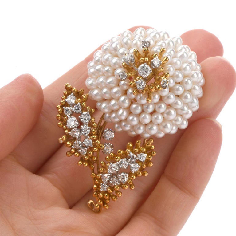 Women's Kurt Wayne Vintage Diamond Pearl 18 Karat Flower Brooch Pin