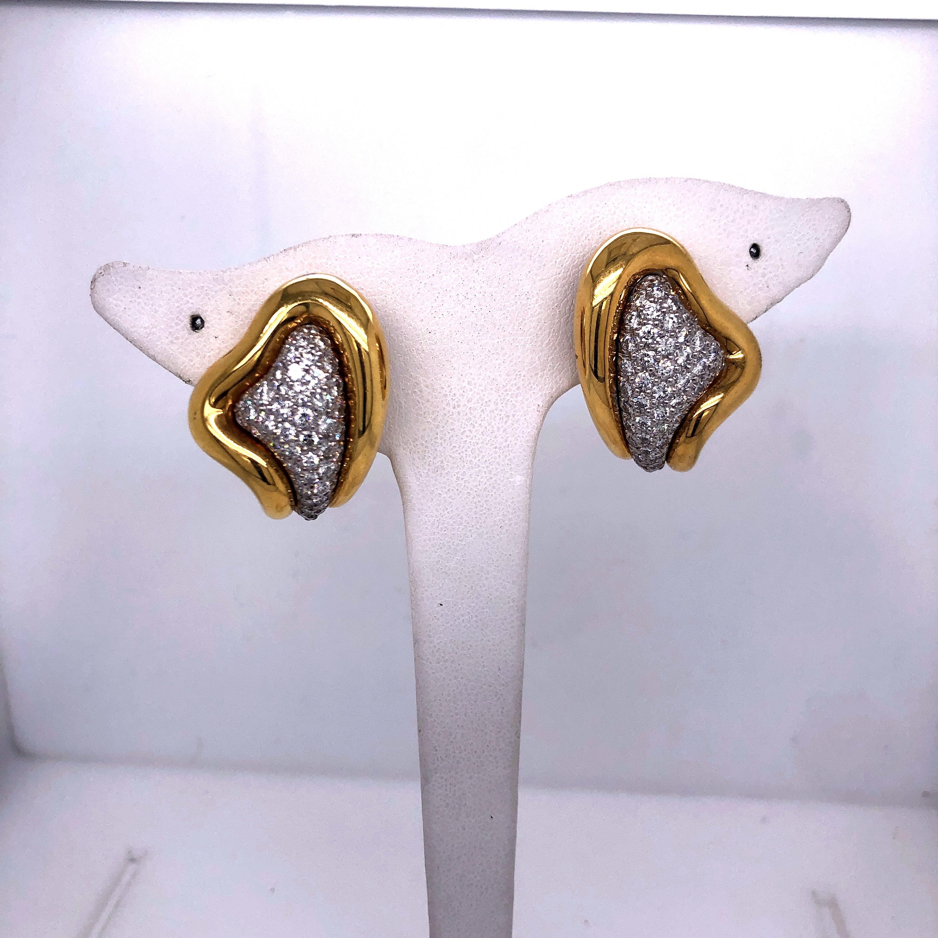 18K Yellow Gold and pave diamond Earrings.  Clip on Earrings from Kurt Wayne.  A timeless look.  Stamped KW and 750.