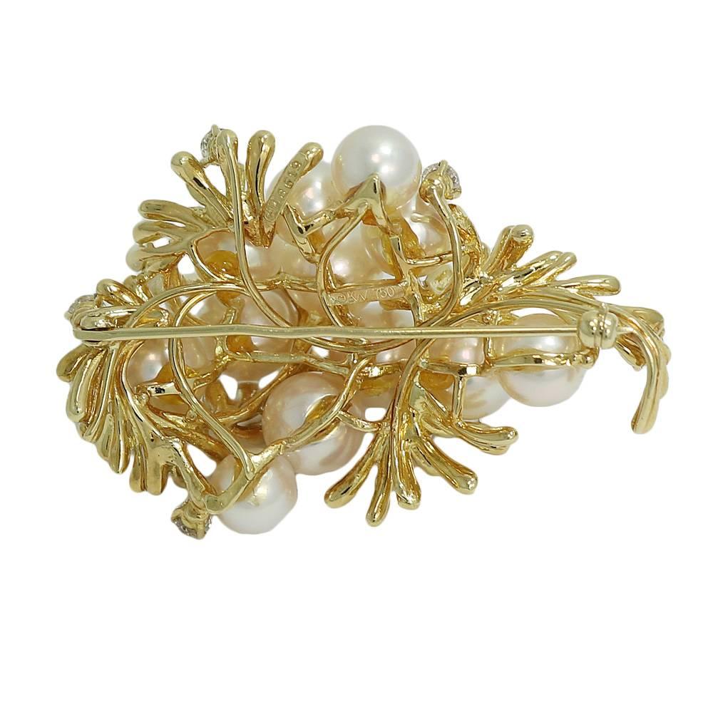 Kurt Wayne Yellow Gold Pearl and Diamond Pin/Brooch. The 9 Diamonds H,VS Weigh Approximately 1.20 Carat Total Weight. It Measures 1.875 Inches in Length and Weighs A Total Of 29 Grams