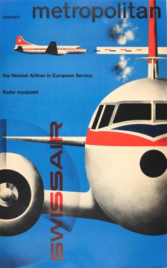 Original Vintage Modernism Design Poster Swissair Convair Metropolitan Airliner