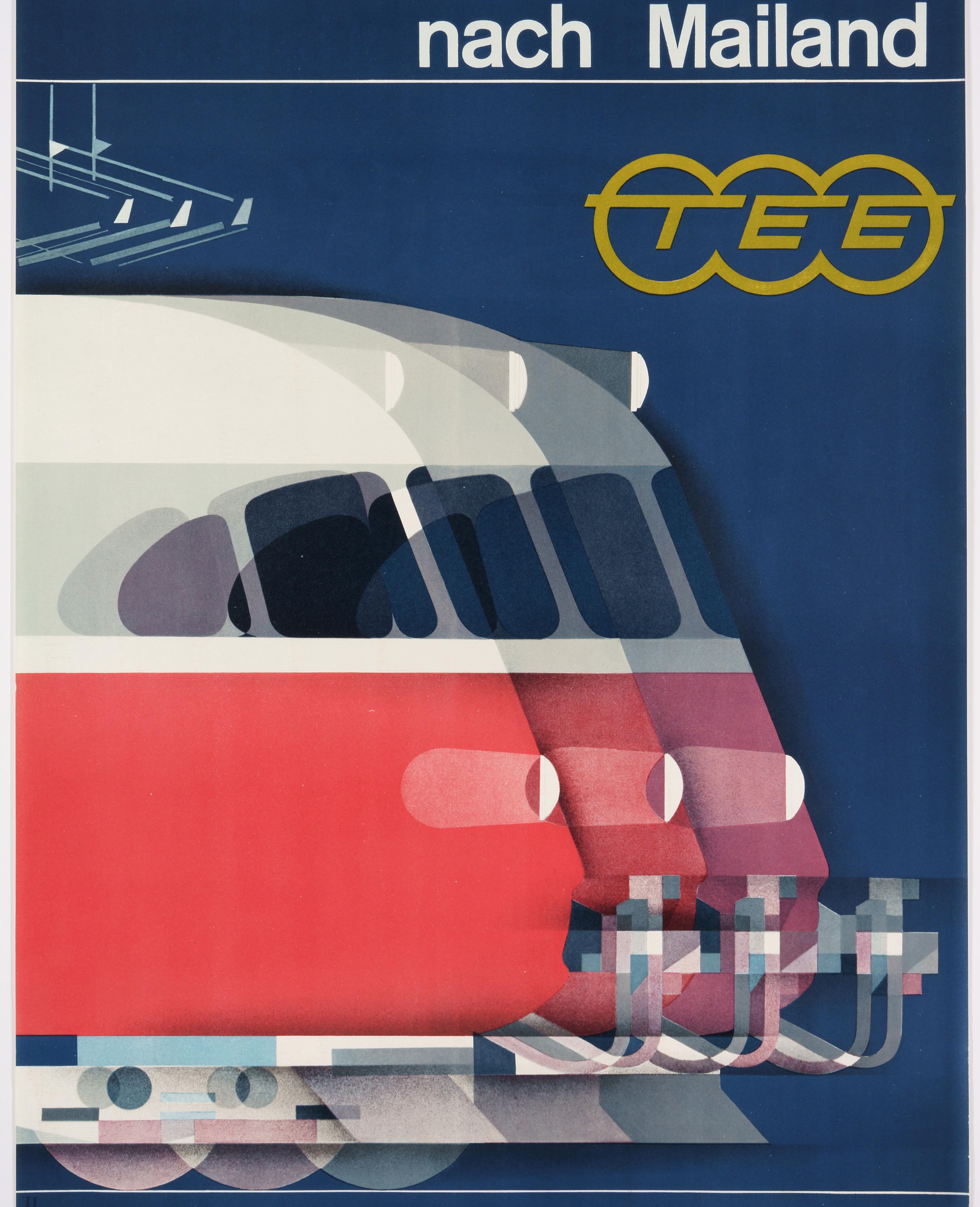Trans Europ Express - Affiche originale promouvant le service de Zurich à Milan - Moderne Print par Kurt Wirth