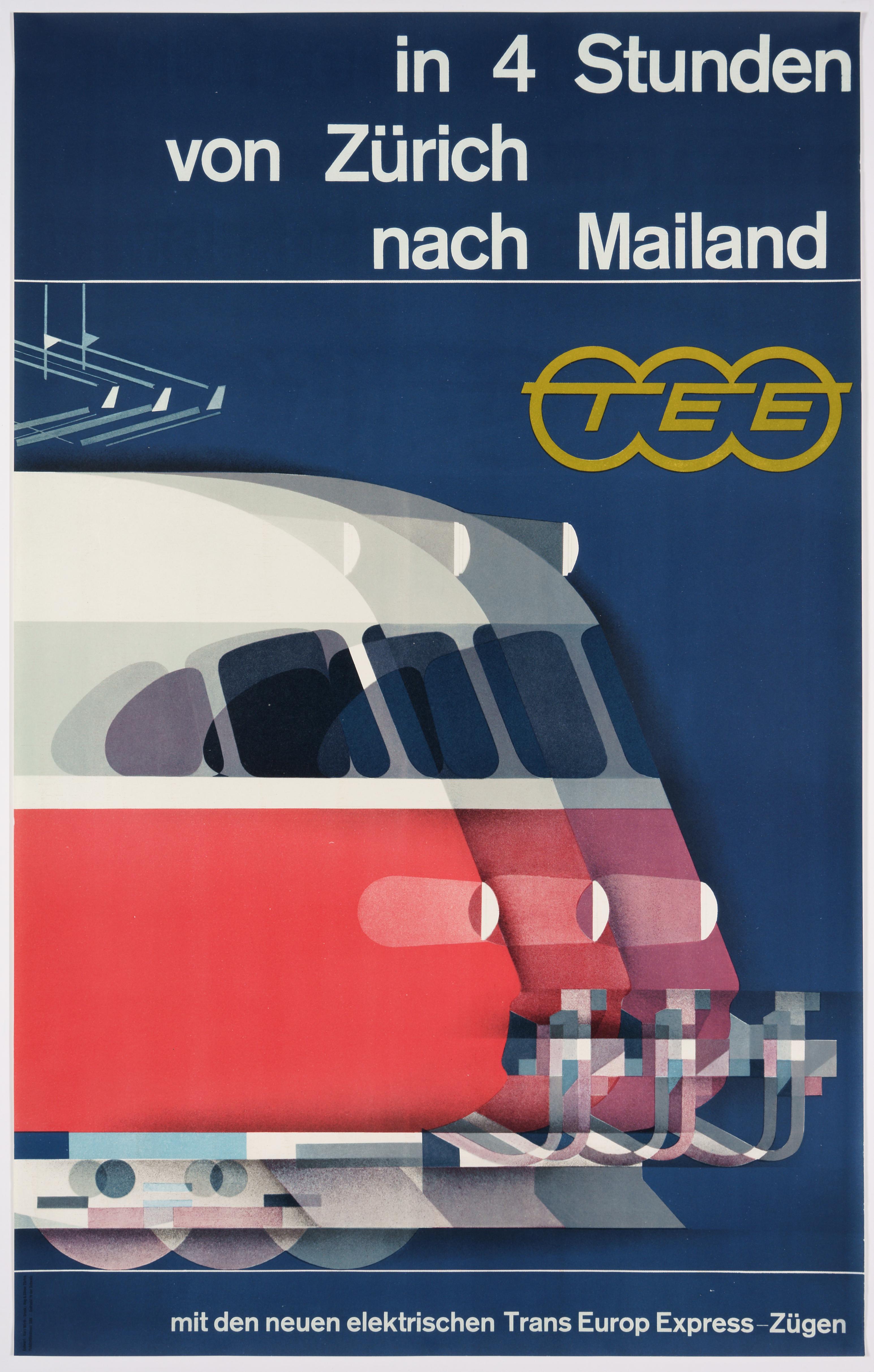 Kurt Wirth Landscape Print - Trans Europ Express – Original Poster promoting the service from Zurich to Milan