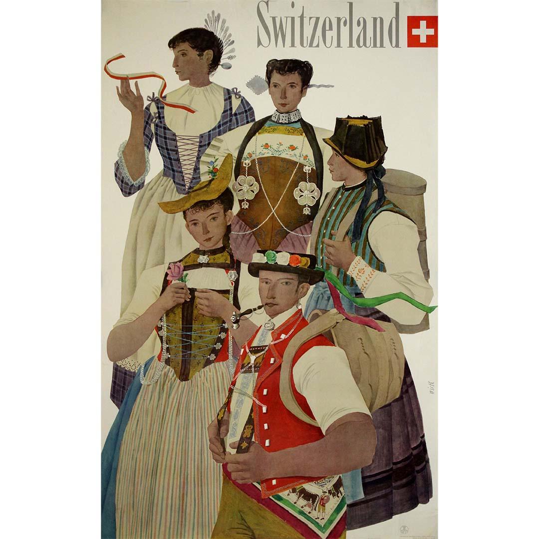 In 1952, Kurth Wirth created an original travel poster that showcased the cultural richness of Switzerland through its depiction of five individuals adorned in traditional attire. Against a backdrop that evokes the essence of Swiss heritage, the