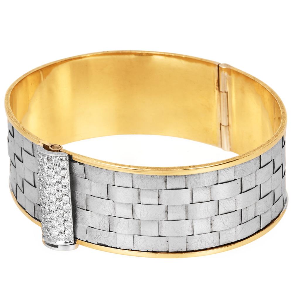 Kurtulan 18K Two-Tone Diamond Woven Bangle Bracelet In Excellent Condition For Sale In Miami, FL