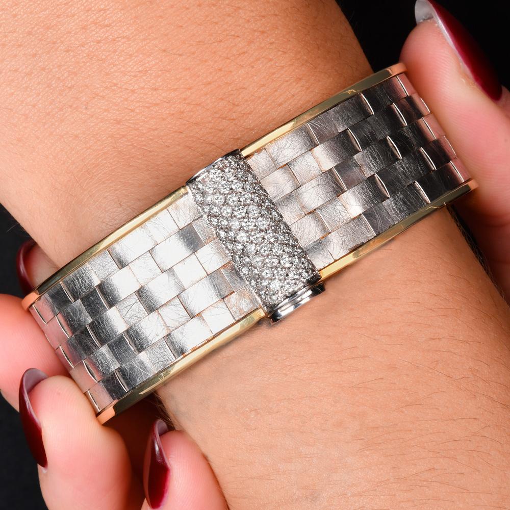 Kurtulan 18K Two-Tone Diamond Woven Bangle Bracelet For Sale 4