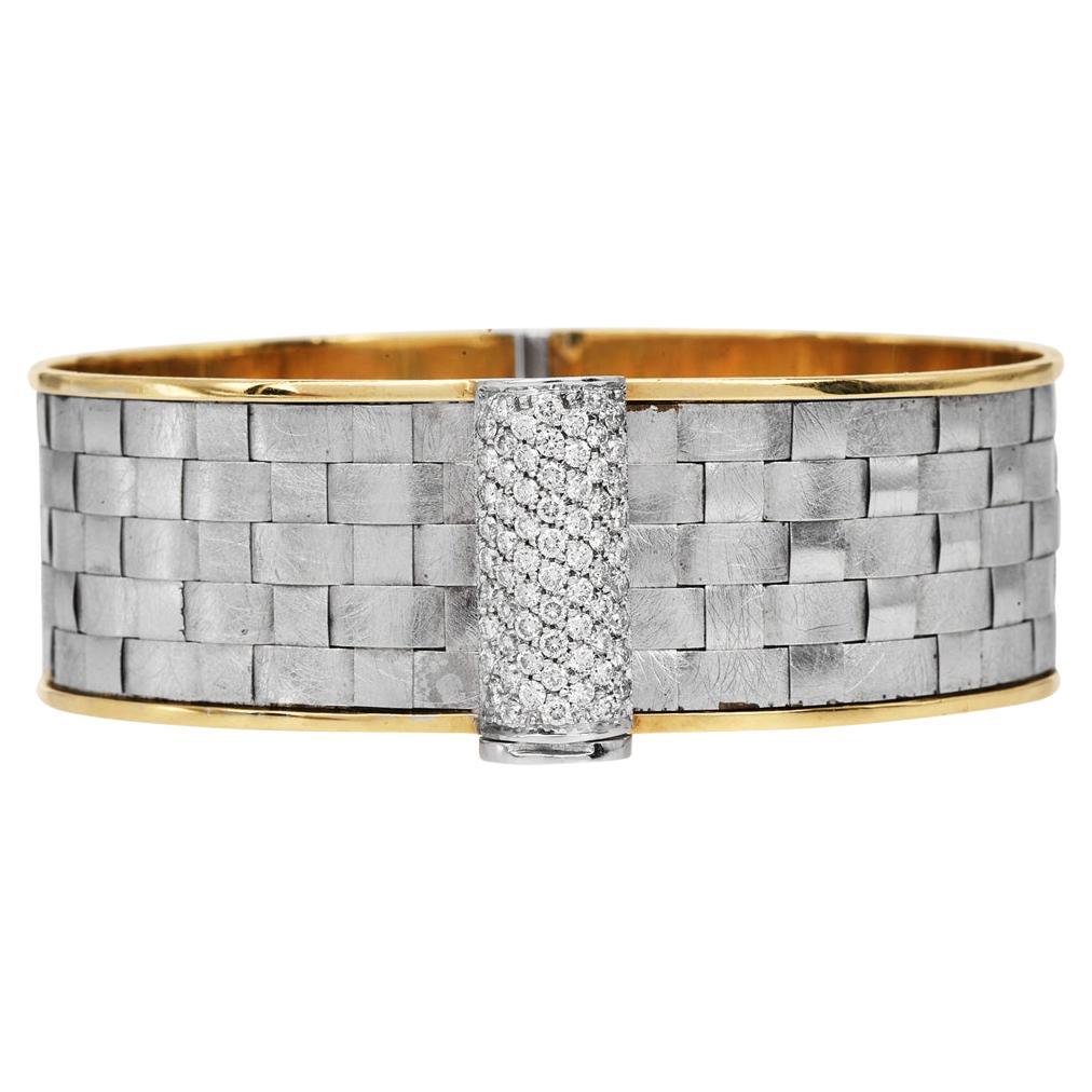 Kurtulan 18K Two-Tone Diamond Woven Bangle Bracelet For Sale