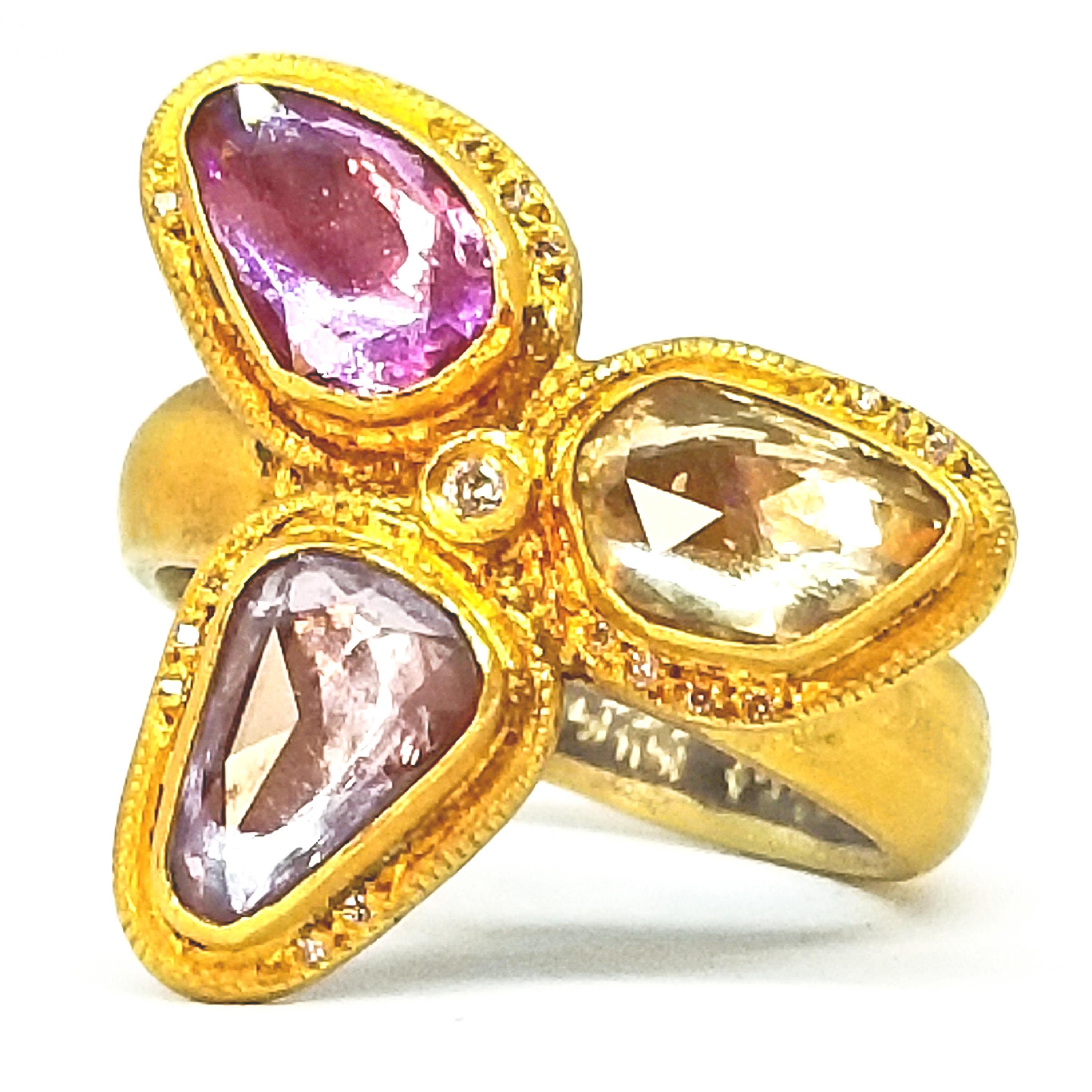 Kurtulan Handgefertigter 2,72 Karat Rosenschliff Saphire Diamant Floret Ring Signiert 24K