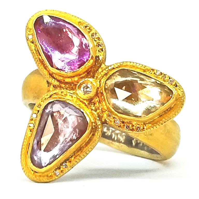 Kurtulan Handmade 2.72 Carat Rose Cut Sapphires Diamond Floret Ring Signed 24K For Sale