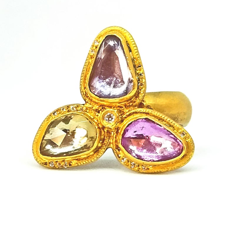 Contemporary Kurtulan Handmade 2.72 Carat Rose Cut Sapphires Diamond Floret Ring Signed 24K For Sale