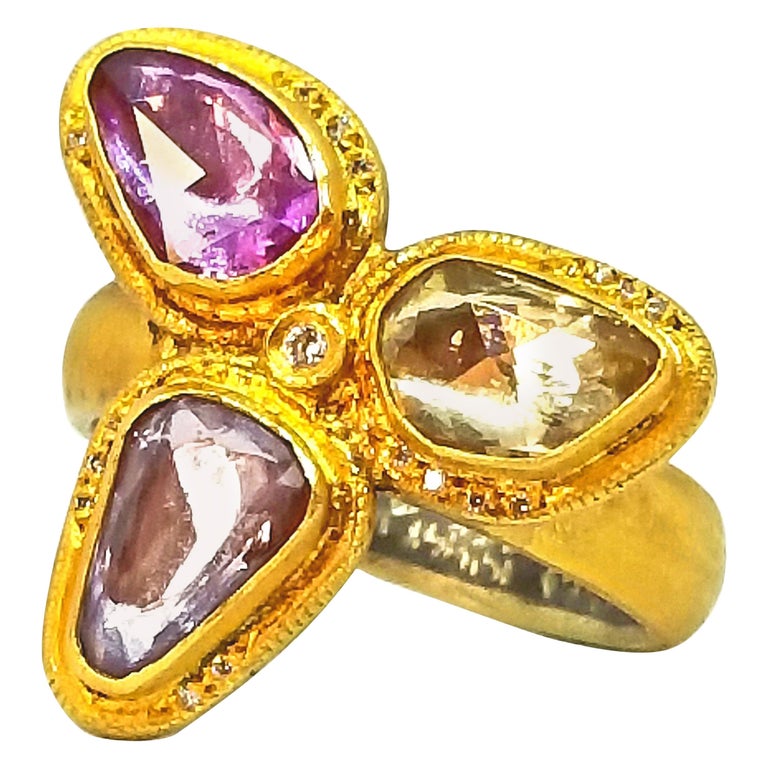 Kurtulan Handmade 2.72 Carat Rose Cut Sapphires Diamond Floret Ring Signed 24K In New Condition For Sale In Lambertville , NJ