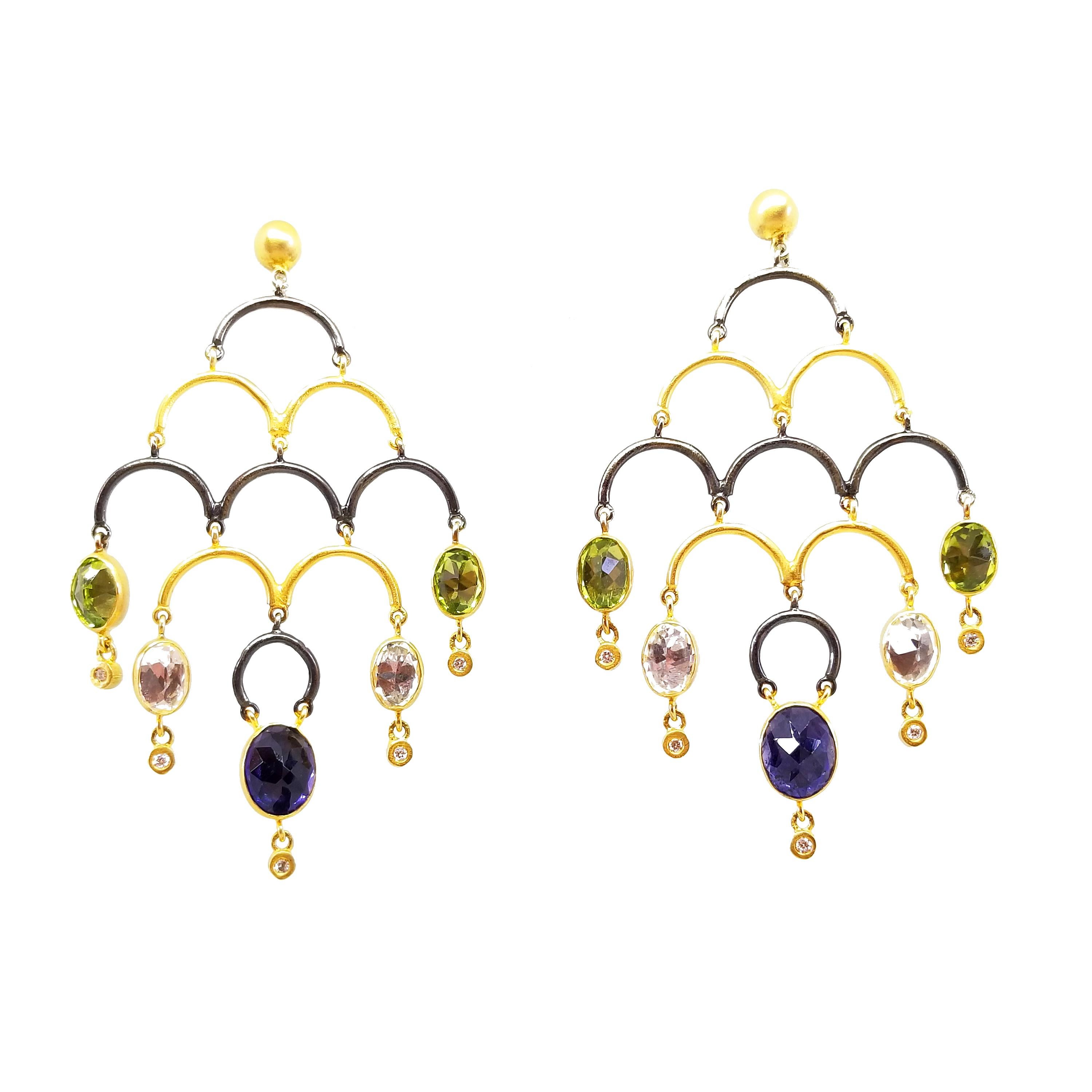 Kurtulan Boucles d'oreilles pendantes chandelier en pierres multi-gemmes taillées en rose 9,89 carats, faites à la main Pour femmes en vente