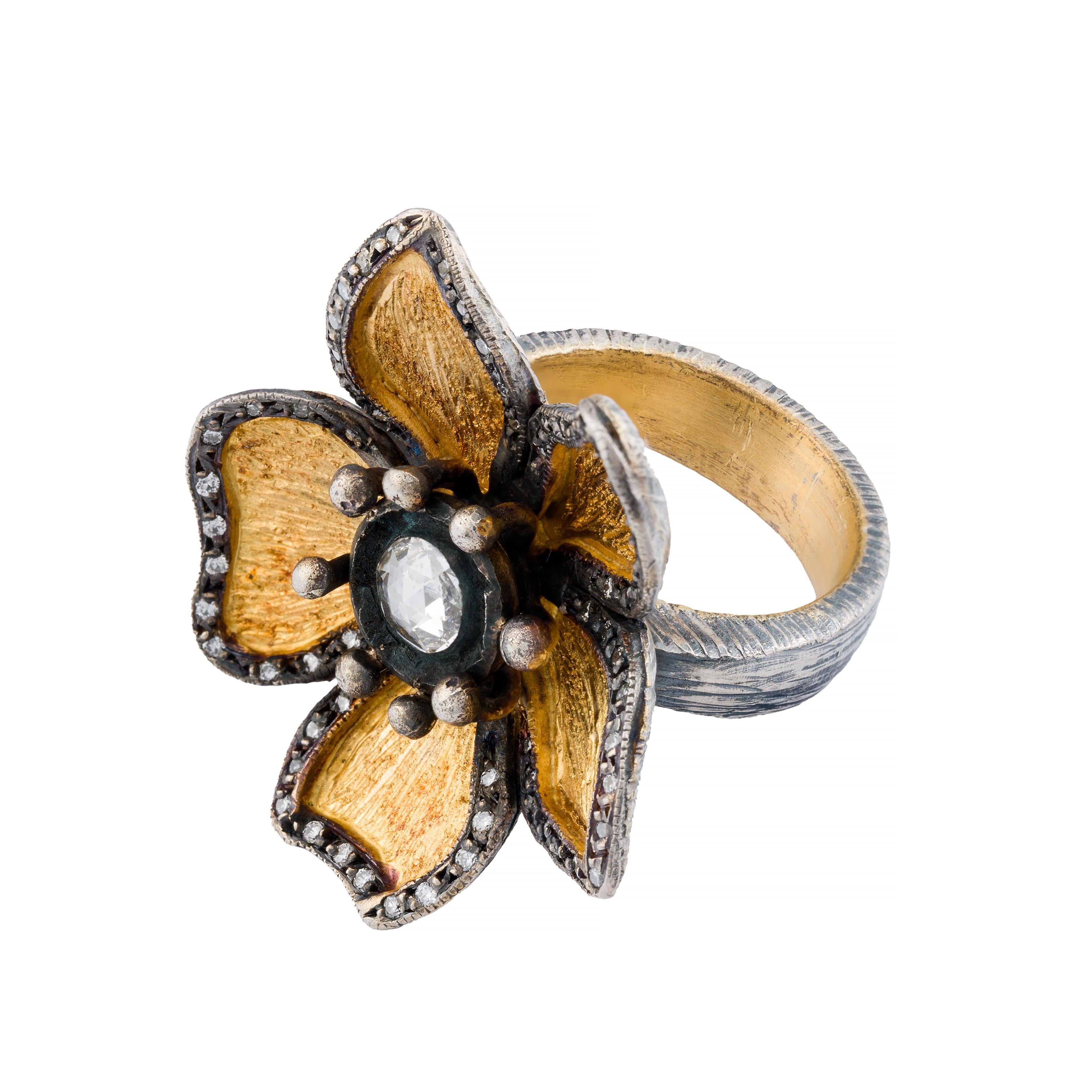 Modern Kurtulan Rose Cut Diamond Flower Ring in 24 Karat Gold & Silver For Sale
