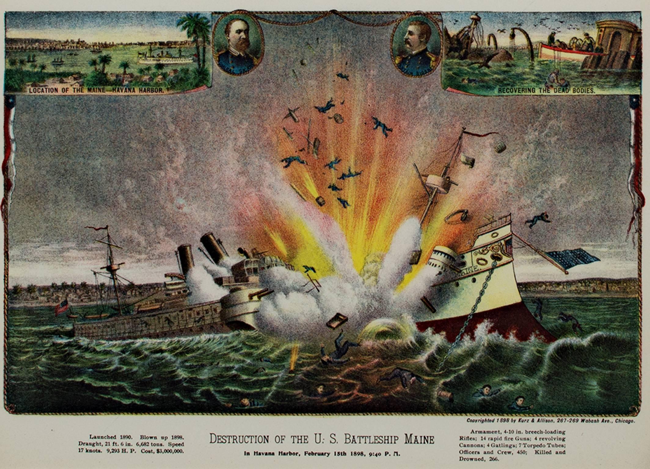 "Destruction of the U.S. Battleship Maine in Havana Harbor, " by Kurz & Allison - Print by Kurz and Allison