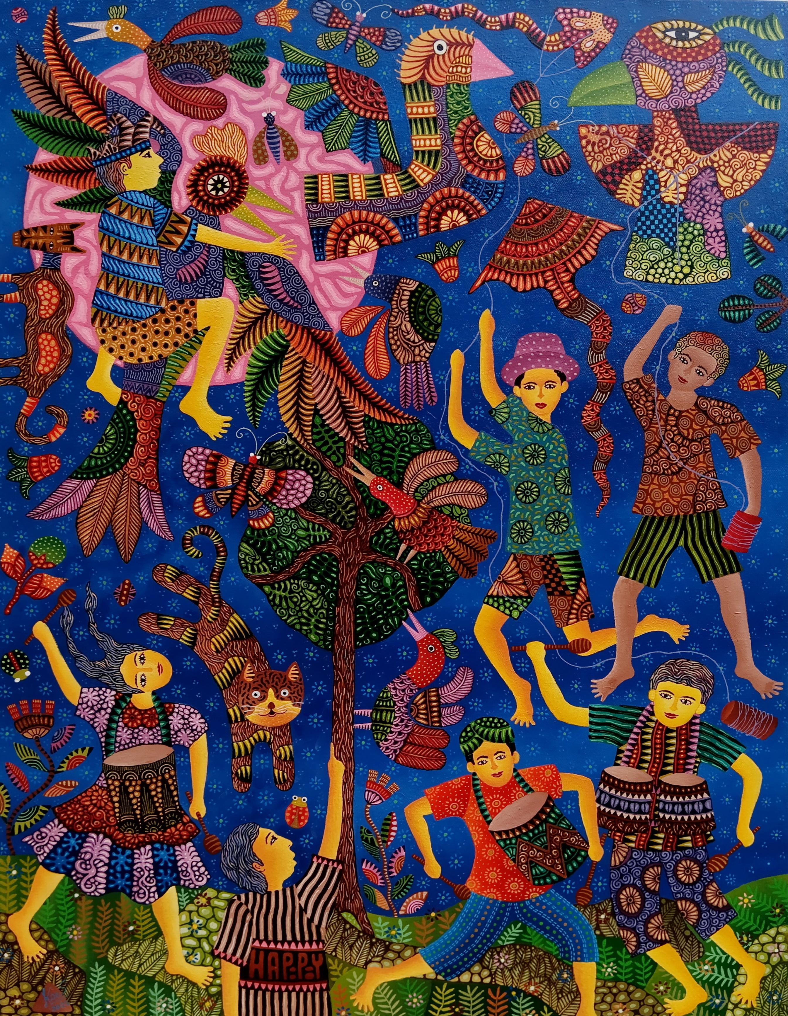 Kusbudiyanto is an Indonesian artist born in 1969 who lives & works in Jogjakarta, Indonesia.

This painting tells the happiness of children traveling to the zoo. Happiness can be seen on their faces. Children can see various kinds of animals such