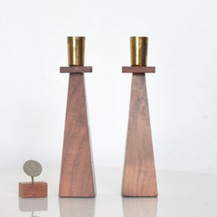 Kustom Kraft Sculptural Candlestick Candleholders Set in Walnut and Brass